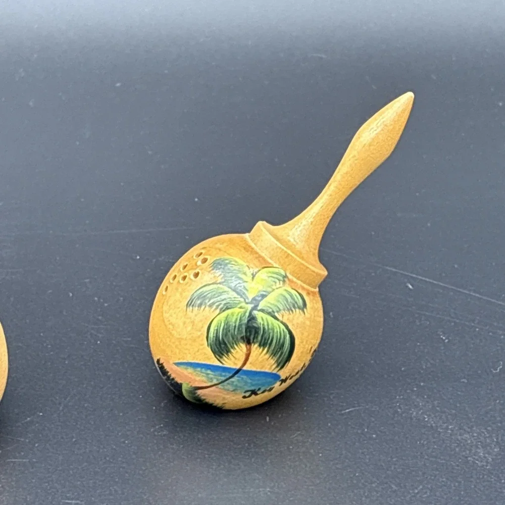 1954 Vintage Key West Fla Wood Maraca Salt & Pepper Shakers Flamingo & Palm Tree